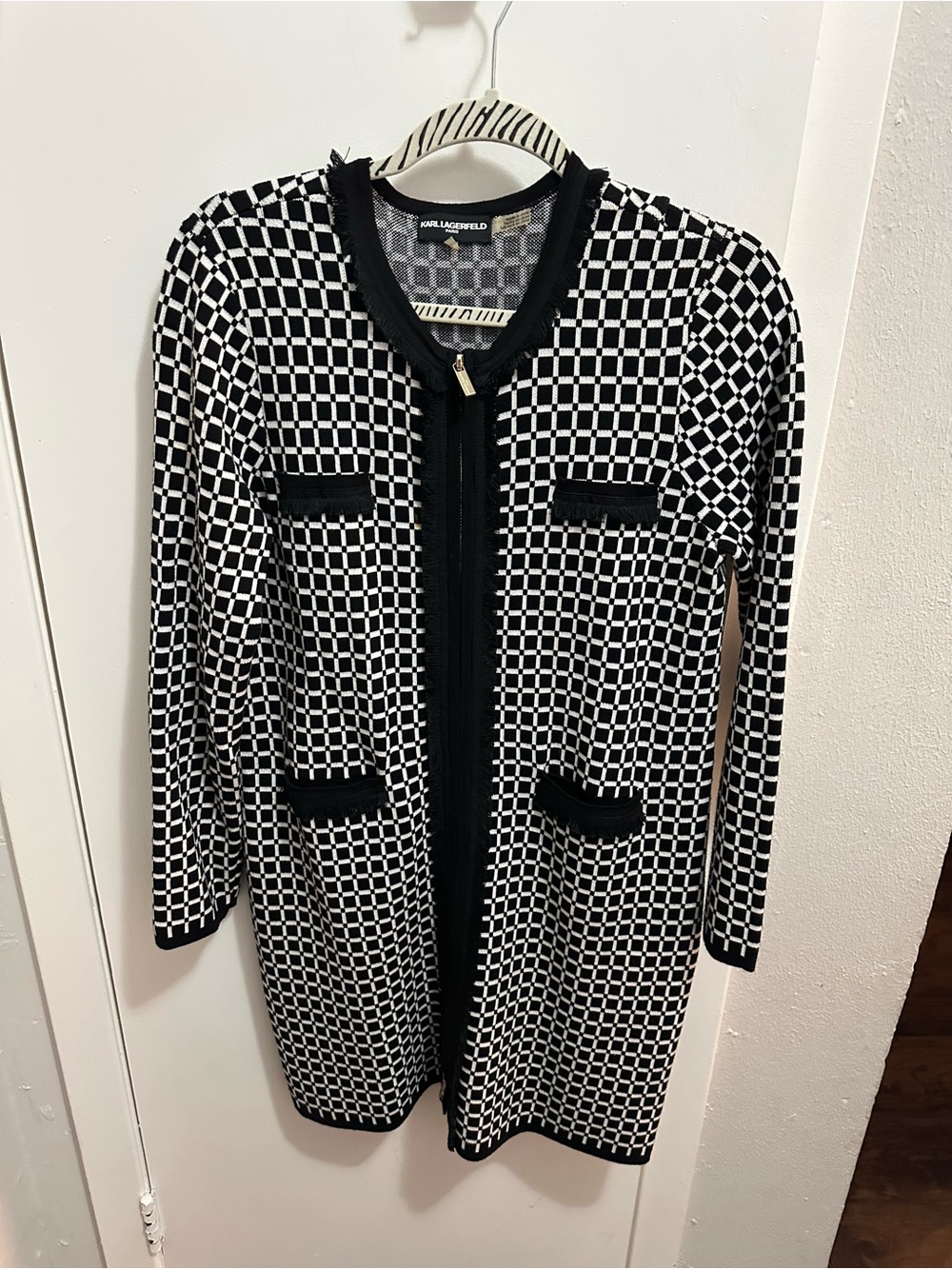 Karl Lagerfeld Black & White Checker Knit Blazer Coat